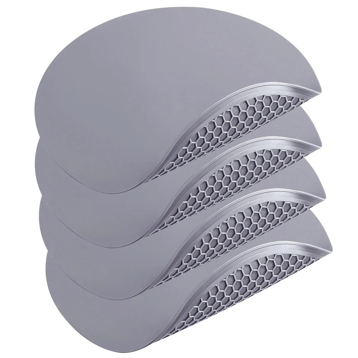 Four round 12-inch silicone mats with raised grooves and honeycomb texture, flexible and heat-resistant up to 446°F