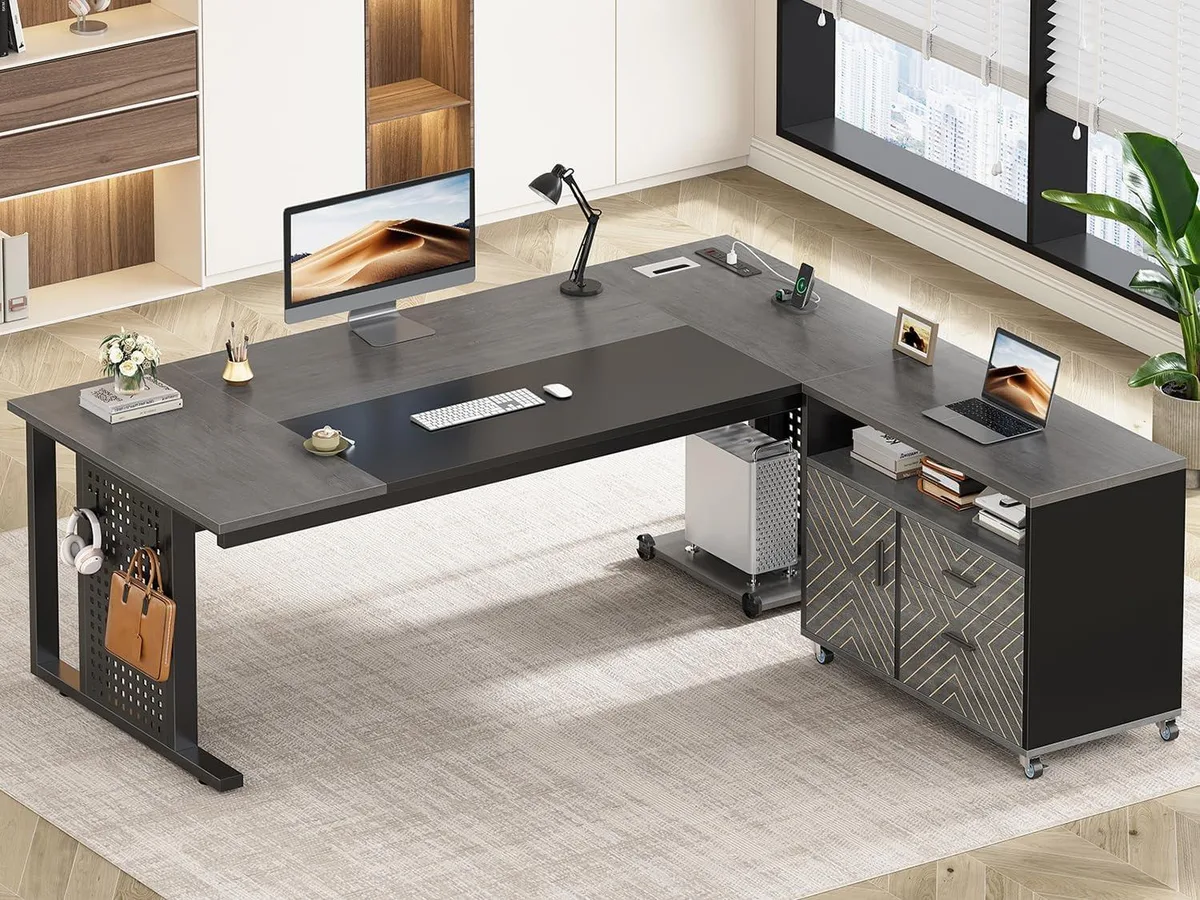 BFKK BFKK 71" L-Shaped Executive Desk with Rolling File Cabinet Gray — product photo