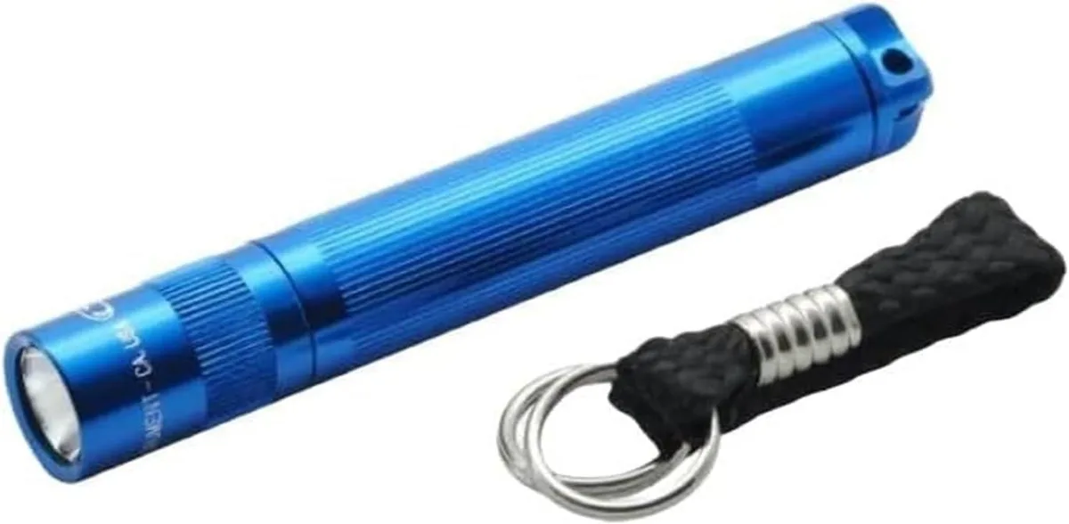 Small blue anodised aluminium LED flashlight with twist head and key lead, about three inches long