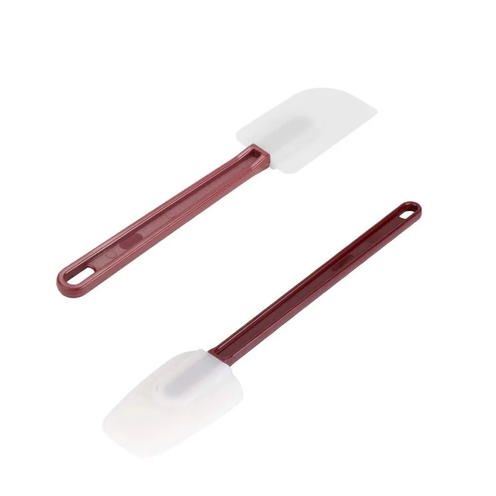 Two red silicone utensils, 9.5 inch spatula and spoonula, flexible heads, ABS handles
