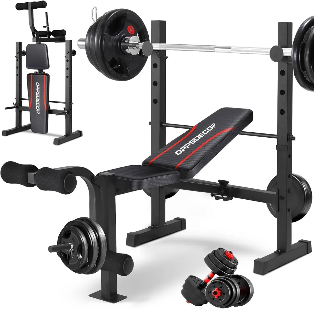 Black steel weight bench with adjustable backrest, squat rack uprights and leg developer attachment