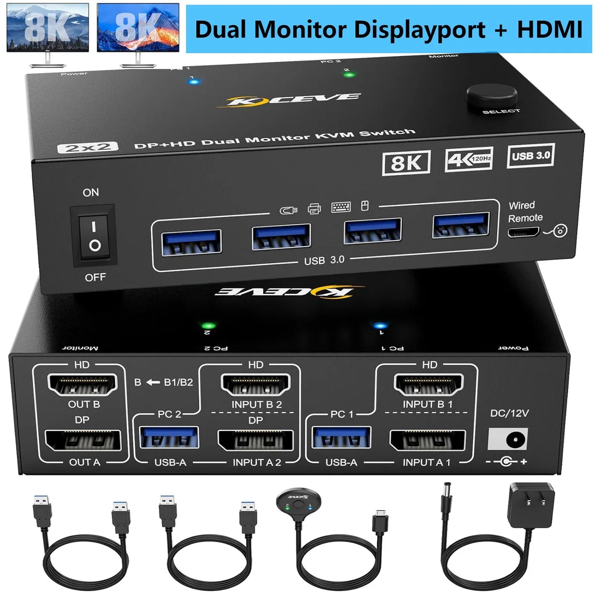 IHDAPP IHDAPP 2 Port HDMI + Displayport KVM Switch 2 Monitors 2 Computers — product photo
