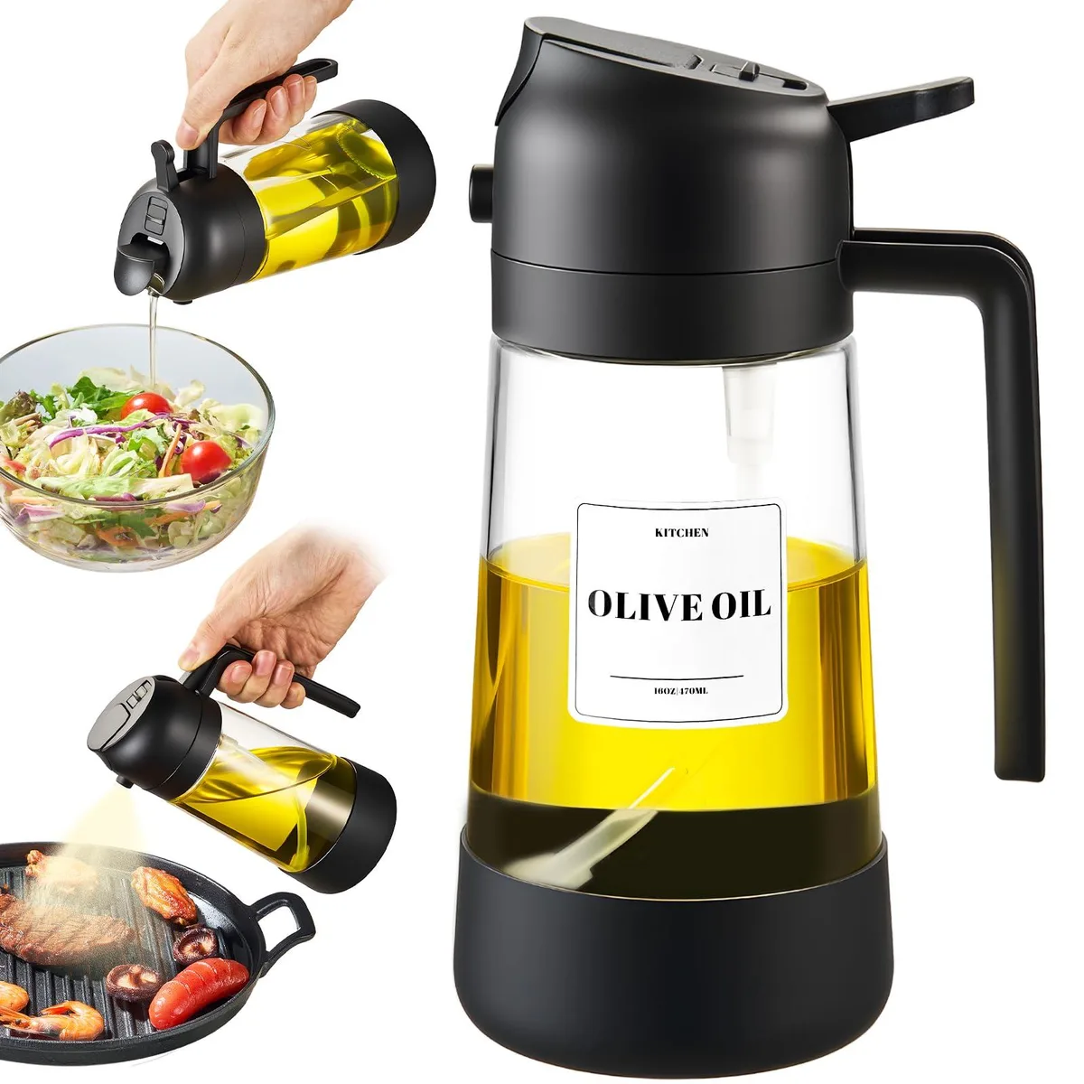  Oil Dispenser Bottle 2-in-1 Sprayer 470ml 16oz Black — product photo