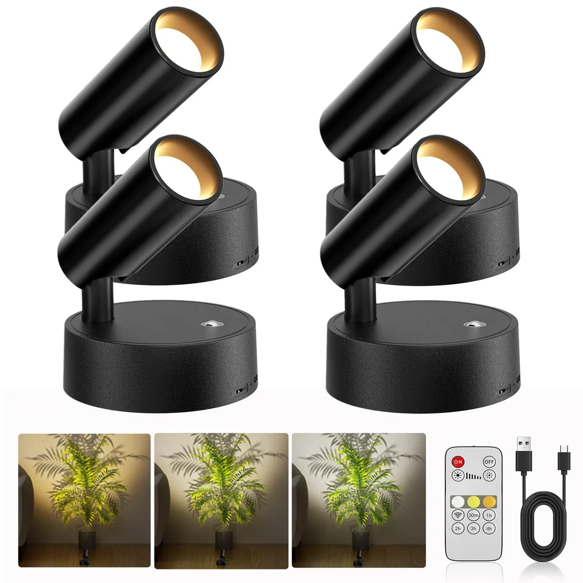 Four white acrylic LED spotlights with magnetic mounts and USB-C charging cables