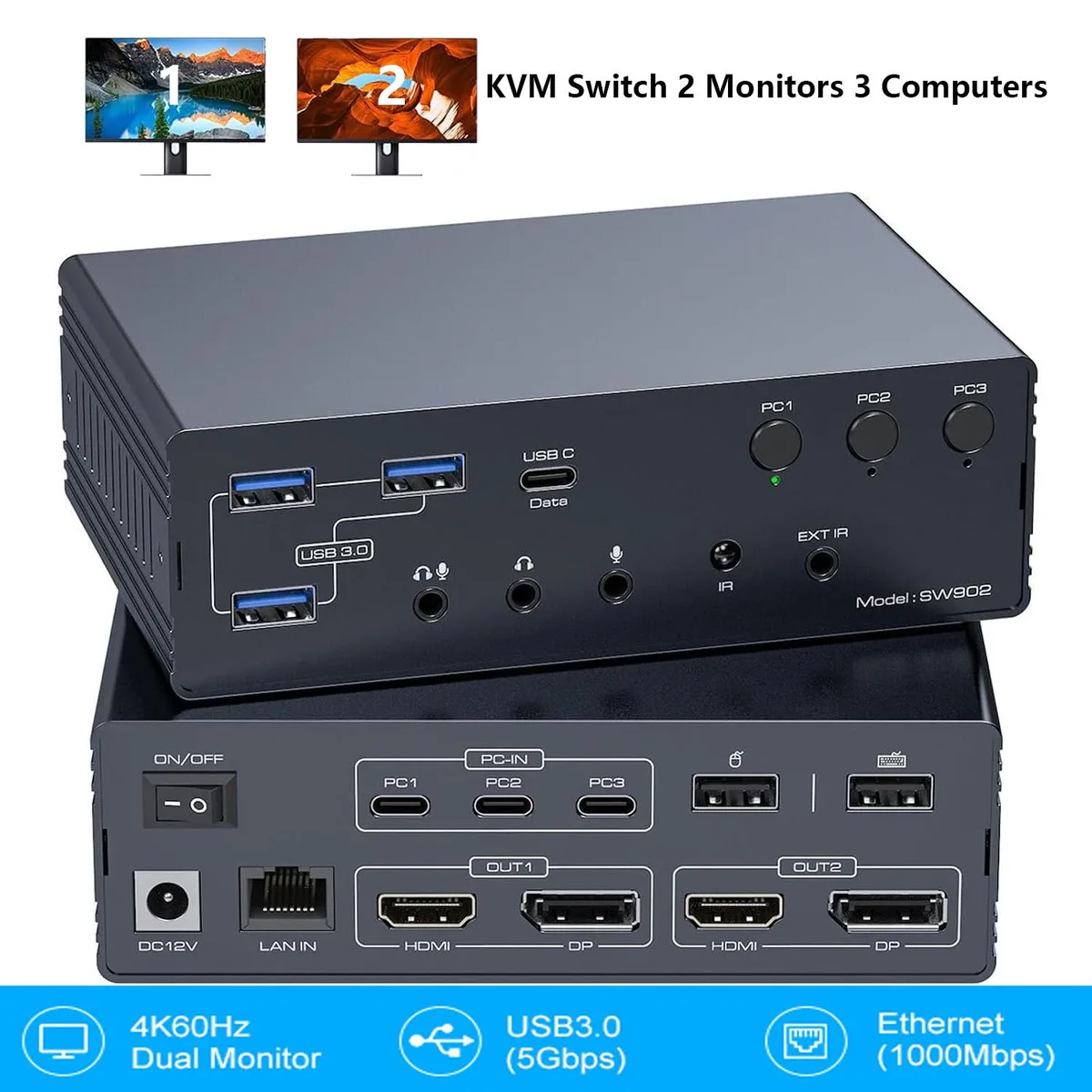 AUTYUE AUTYUE SW902 USB-C KVM Switch 3 Computers 2 Monitors 4K@60Hz — product photo