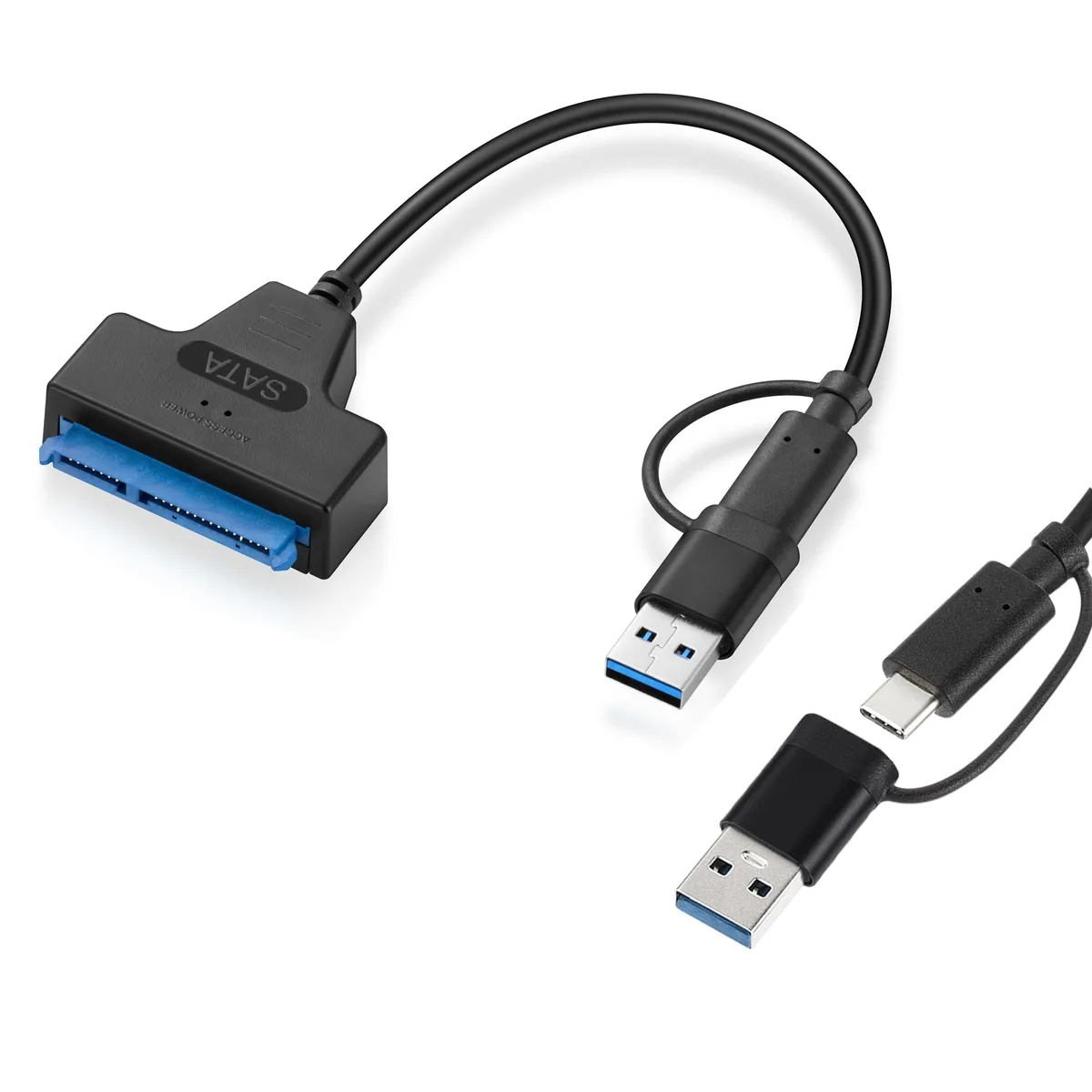 Black braided SATA to USB-A and USB-C adapter cable .7FT with LED indicator