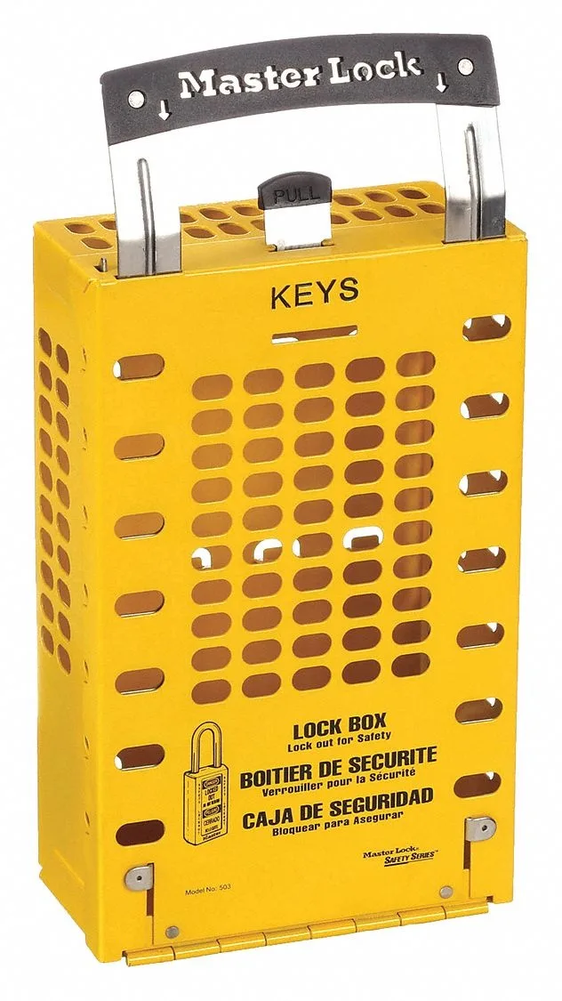 Yellow steel lockout box with hinged door and stainless steel handle