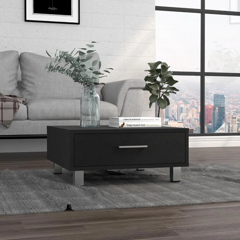 Square black coffee table on four metal legs with one drawer and metal handle