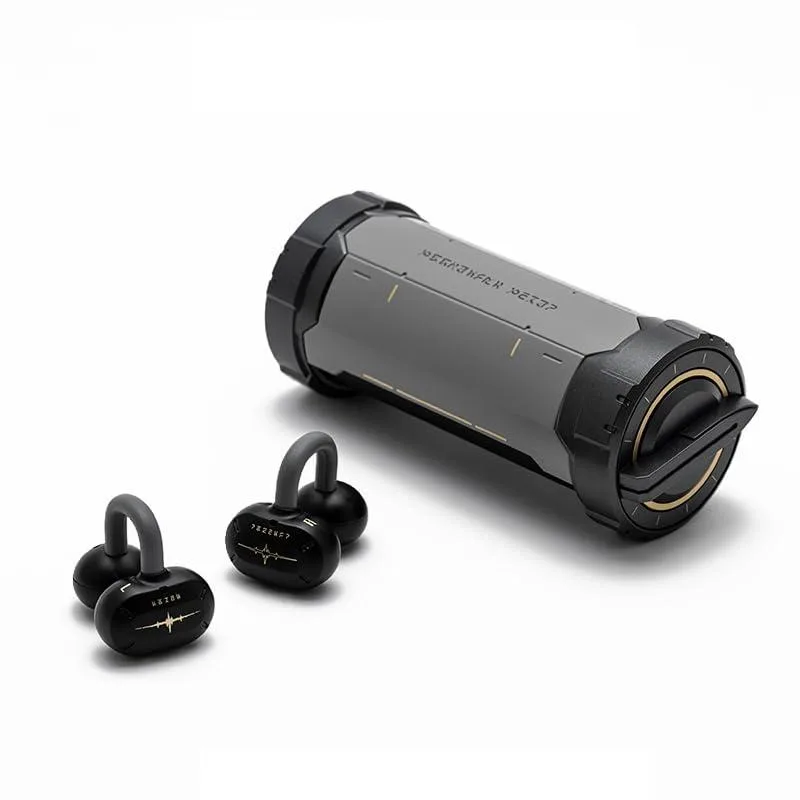 Black open-ear true wireless earbuds with charging case