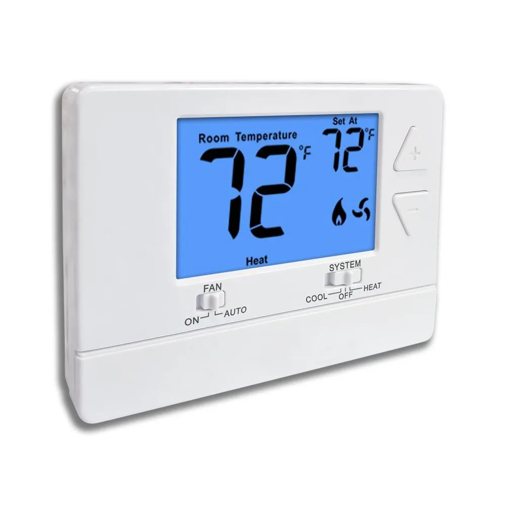 Twelve blue wall-mount thermostats with backlit LCD displays