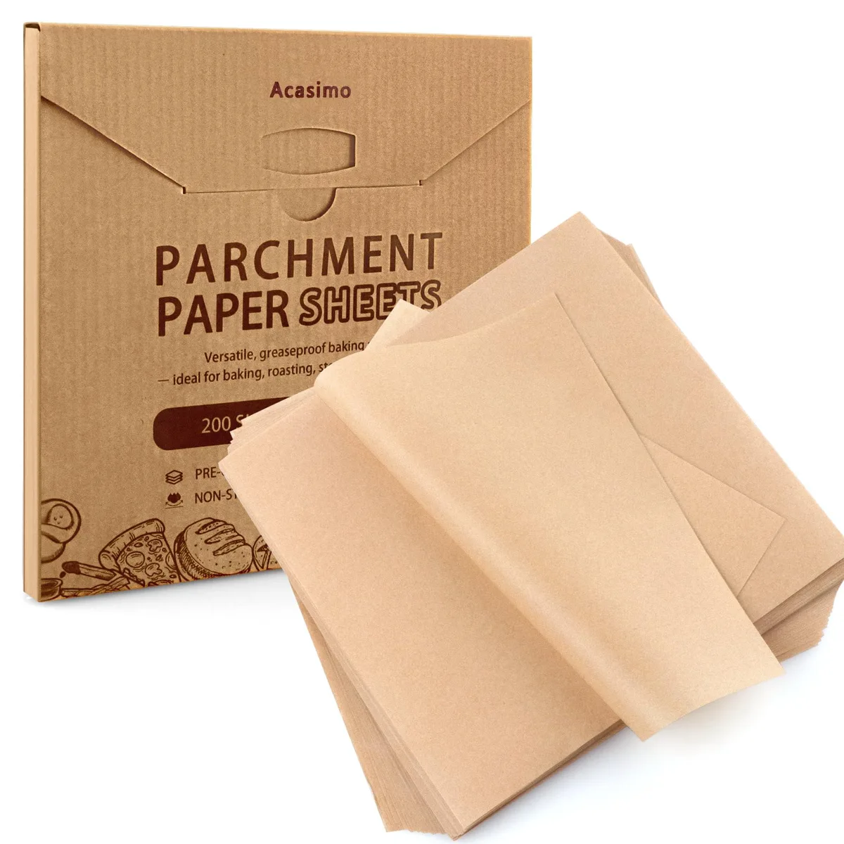 Square brown parchment sheets in a box, 9 by 9 inches