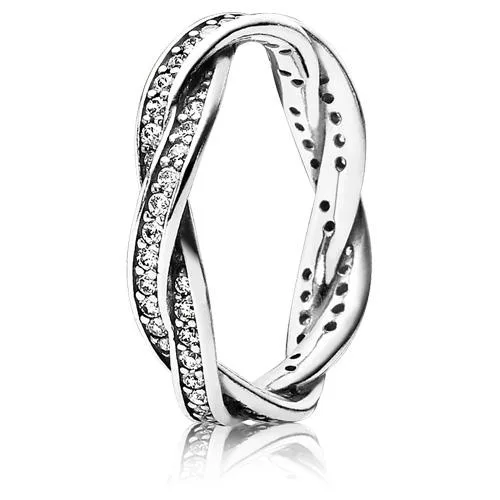Sterling silver twisted band ring with pave cubic zirconia stones