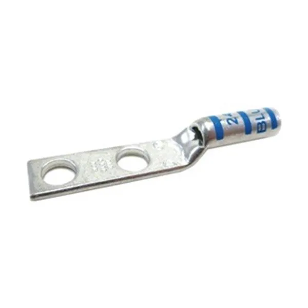 Tin-plated copper two-hole compression lug, straight barrel, blue color code, inspection hole visible