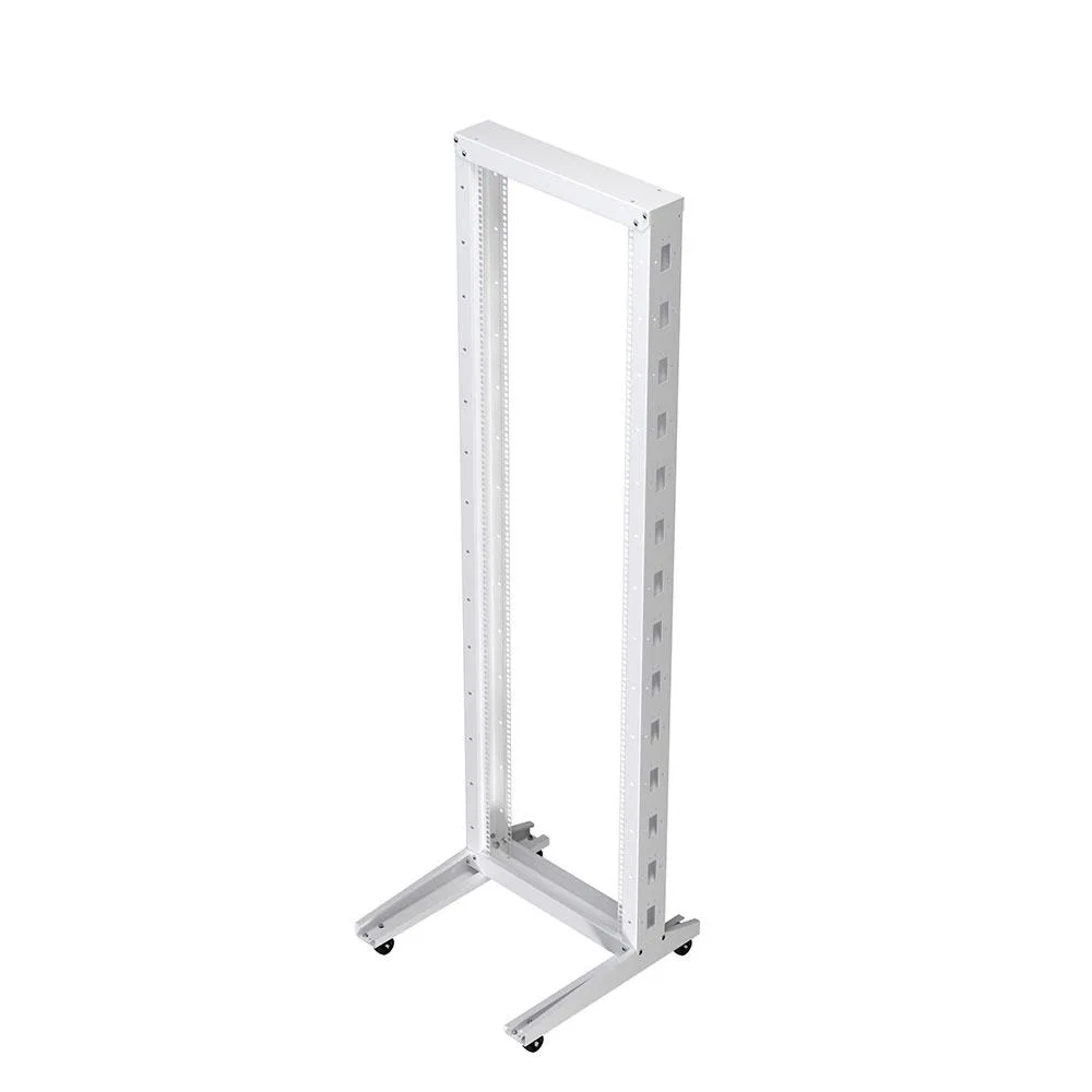 White 42U two-post open frame rack with square-hole rails and RU markings