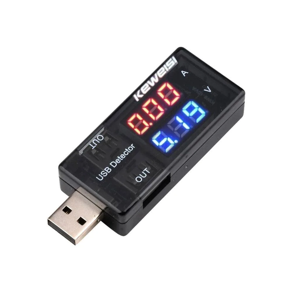 Black compact dual-USB tester with digital display showing voltage current power readings