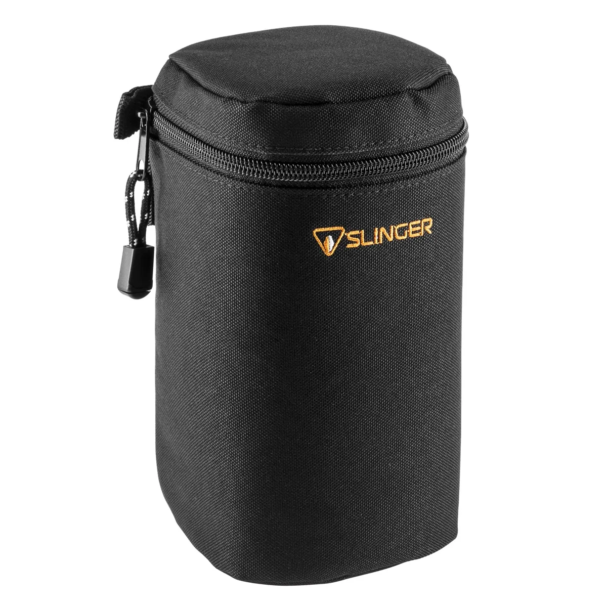 Black cylindrical soft lens case with zippered closure and padded polyester finish, belt loops and strap attachment visible