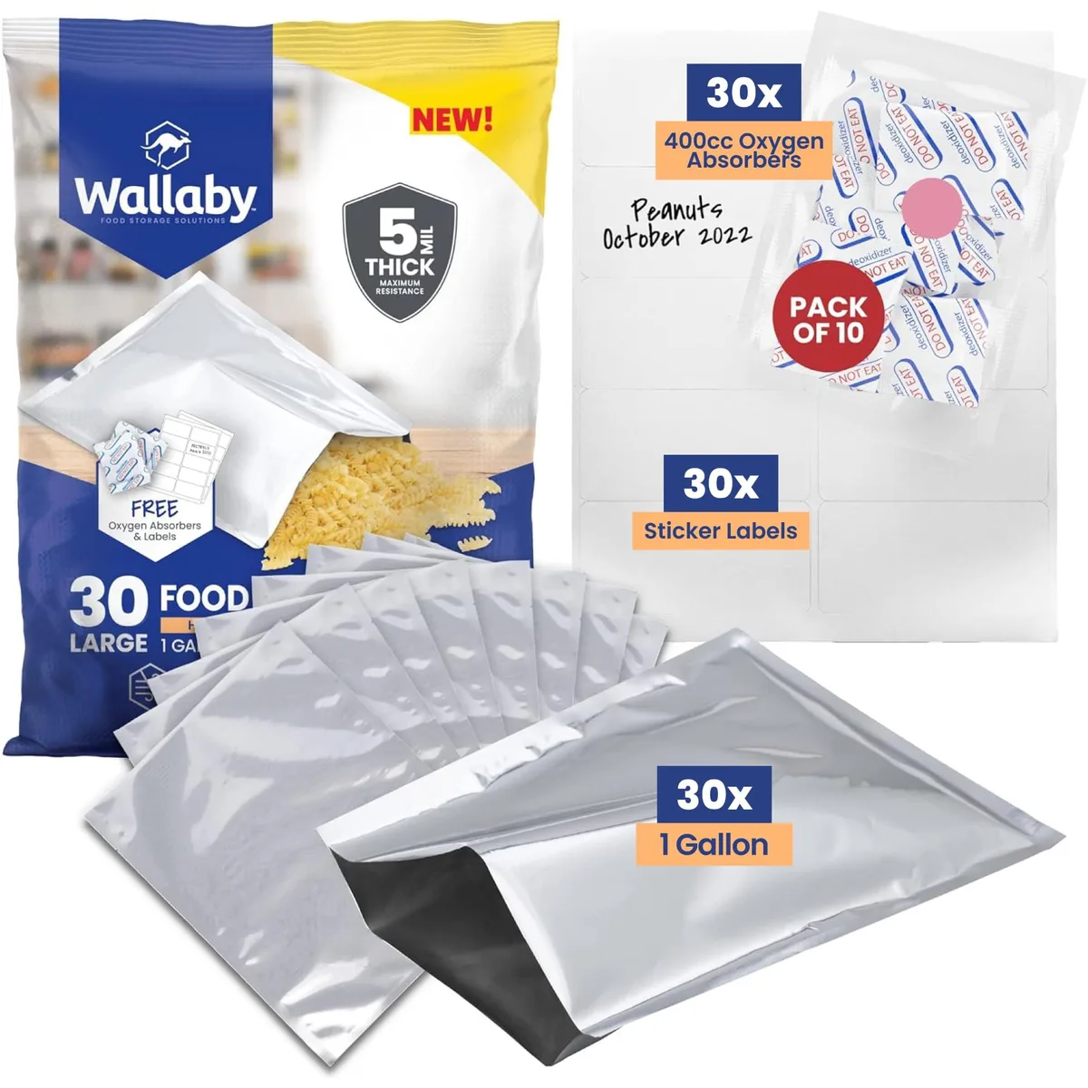 Silver mylar gusset bags with zipper and oxygen absorbers