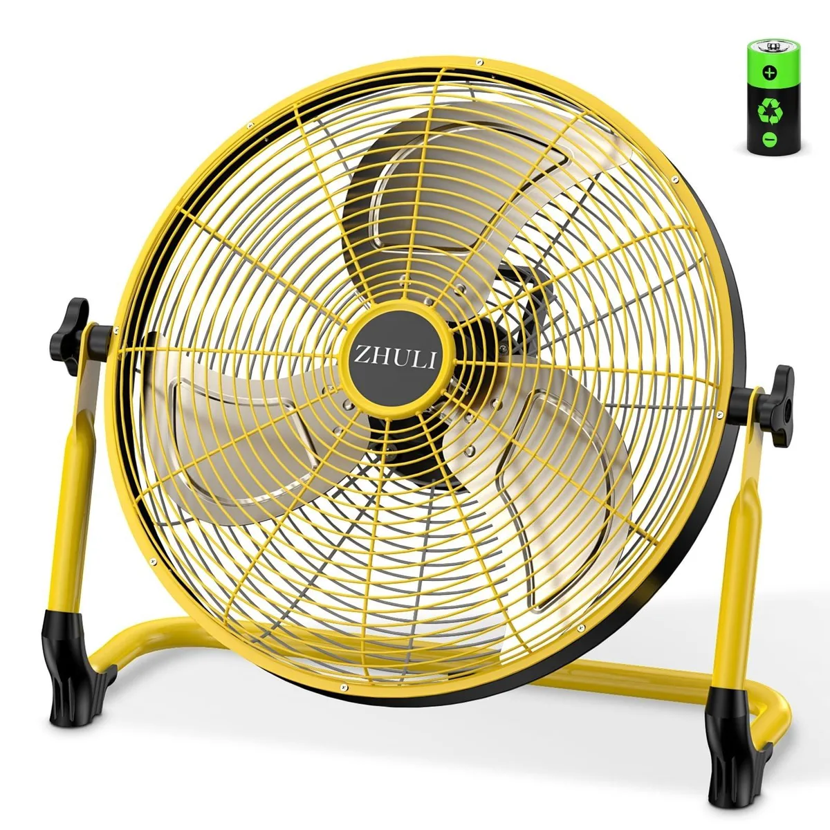 Yellow 18-inch portable floor fan with polished metal blades and chrome finish, battery powered