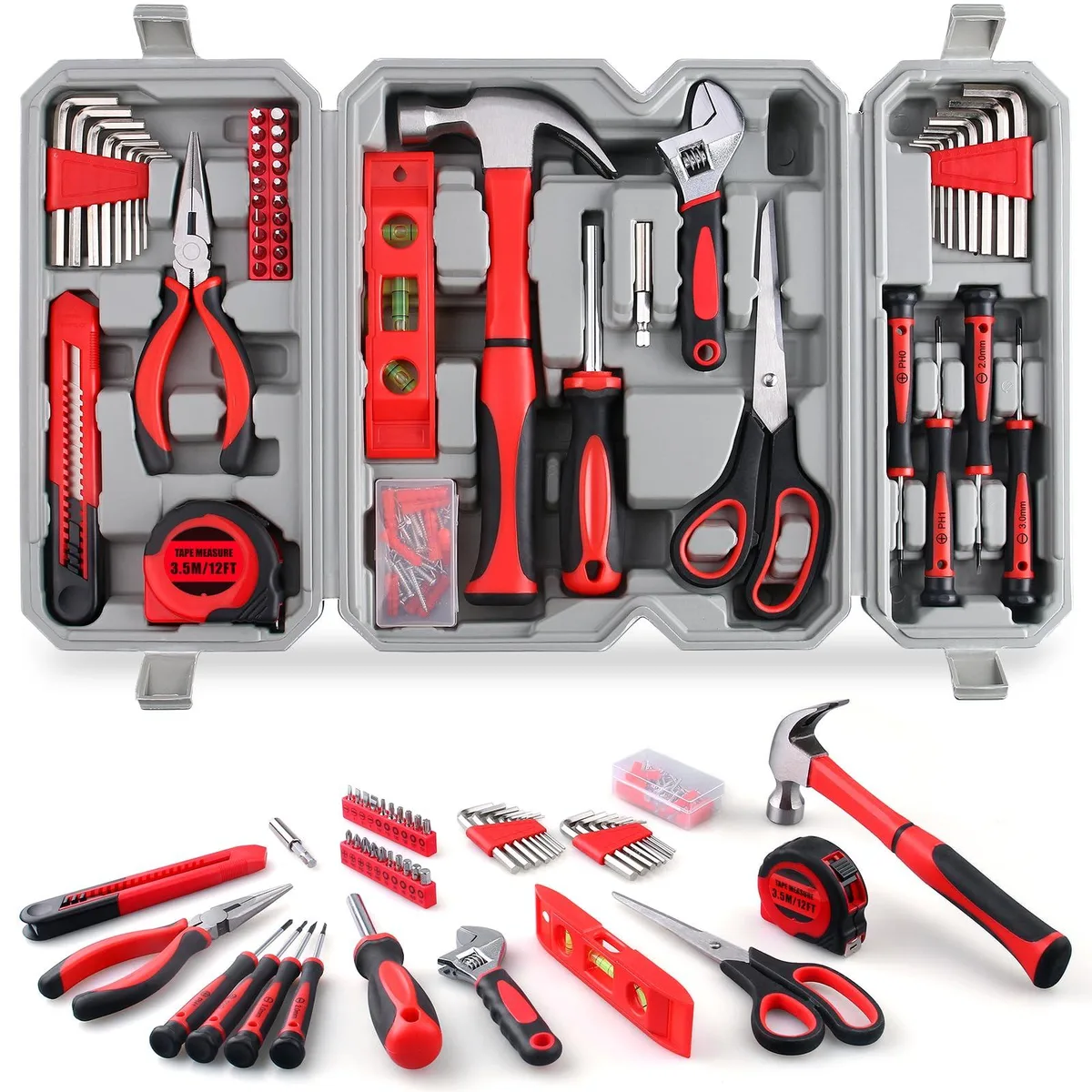 Wood toolbox holding 160-piece household tool set