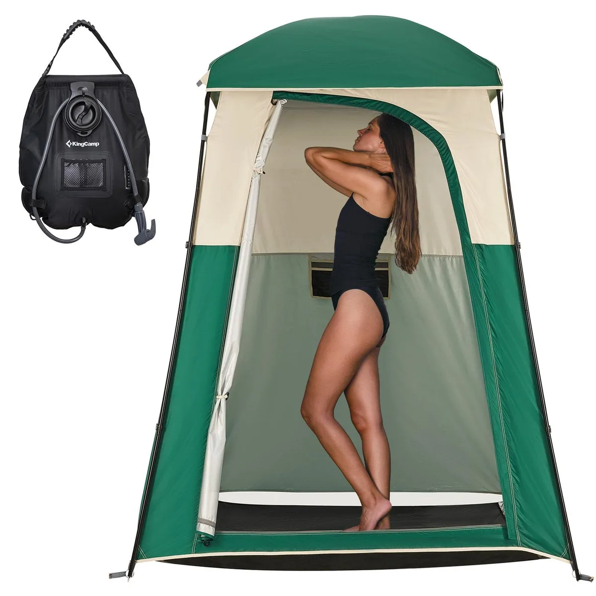 Green rectangular dome shower tent with silver-coated fabric, zippered door, mesh window, carry bag and shower bag included