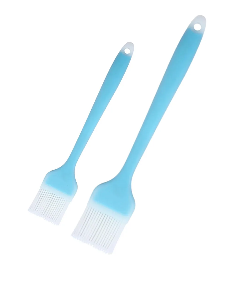 Two blue silicone basting brushes, 10 and 8 inch, one-piece design with stainless steel core
