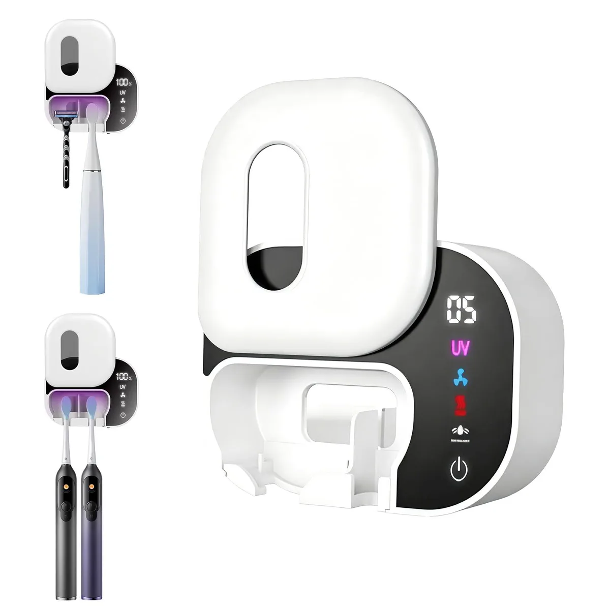 Wall-mounted toothbrush holder with LED screen, auto cover, and 60-degree drying