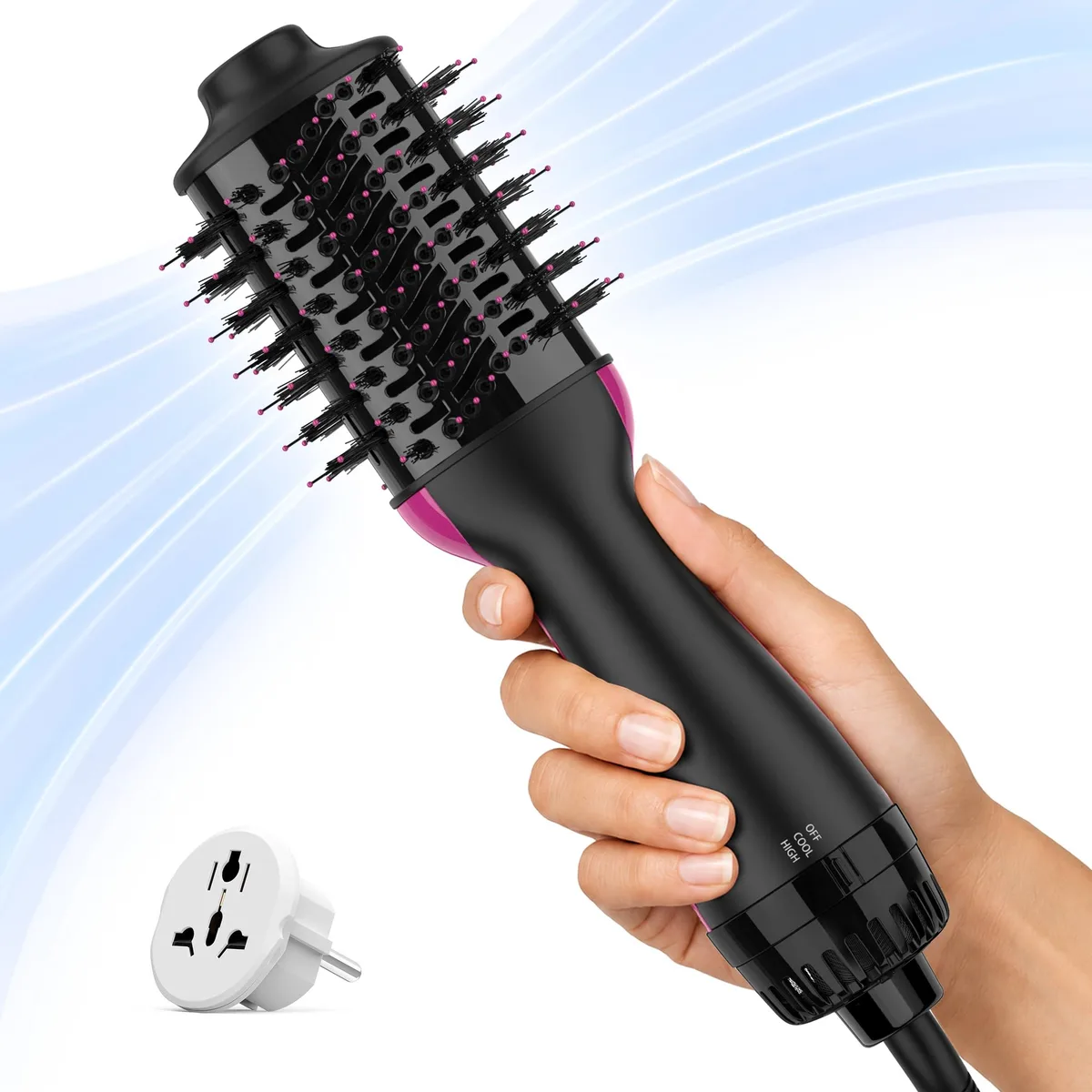 Compact black hair dryer brush with ceramic titanium barrel, 11 inches long