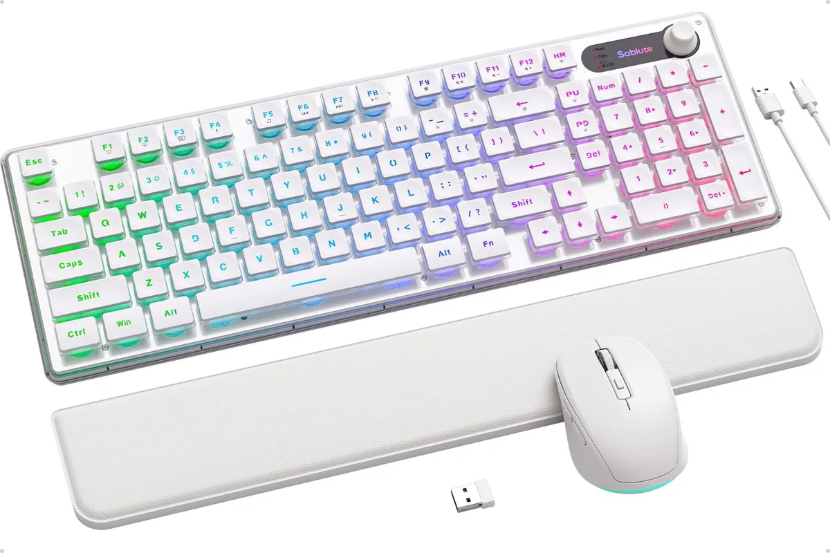 Black wireless keyboard and mouse combo with wrist rest and pudding keycaps