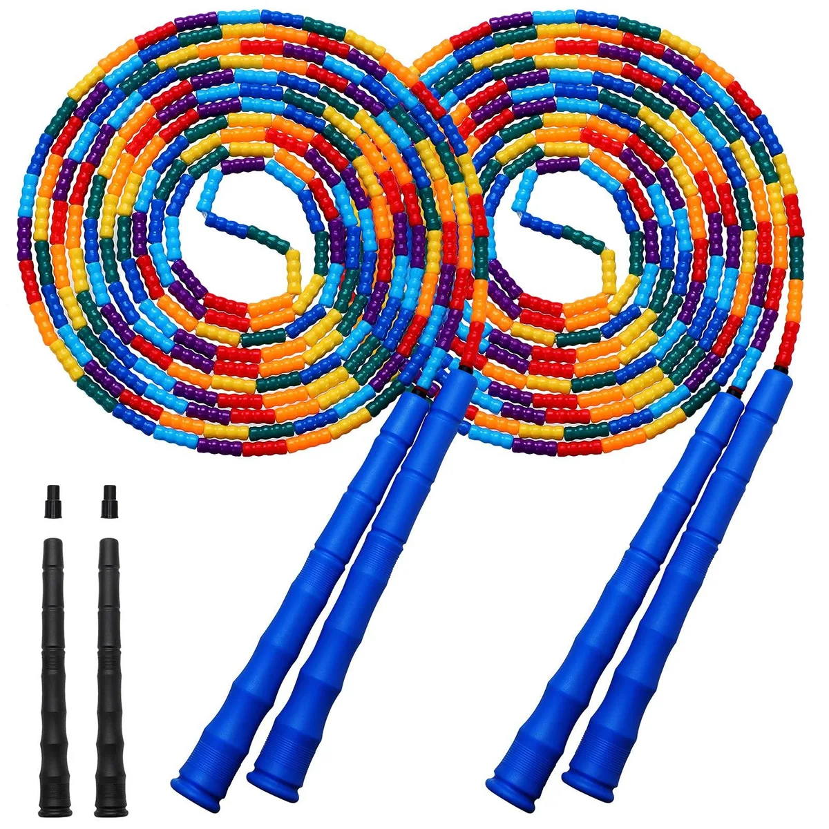 Two 16.4 ft blue beaded jump ropes with white handles and extra parts