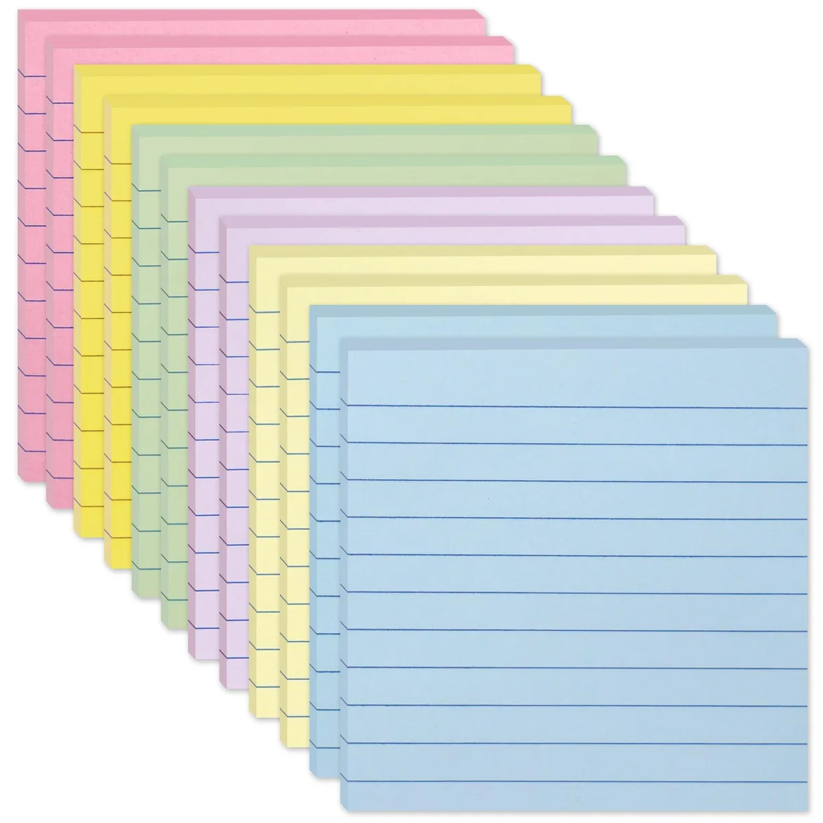 Twelve square pastel sticky-note pads in a rectangular pack