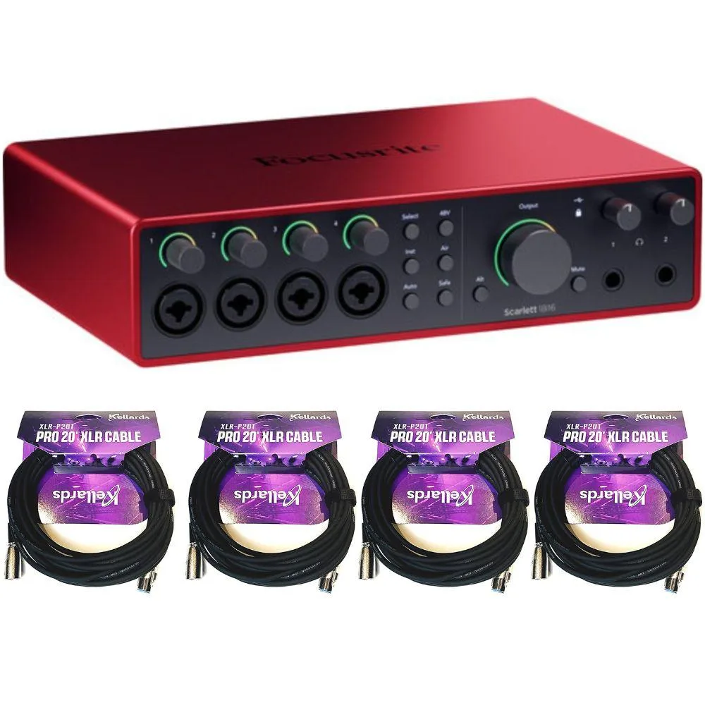 Focusrite Focusrite Scarlett 18i16 USB-C Audio/MIDI Interface 4th Gen Bundle Kellards XLR-P20T 20ft Cable 4 Pack — product photo