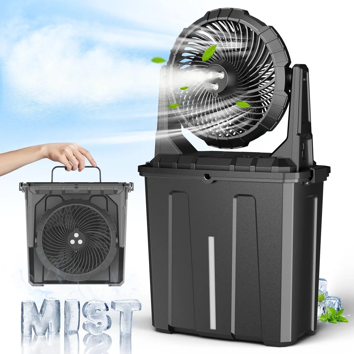White portable misting fan with 9L bucket base and three spray nozzles