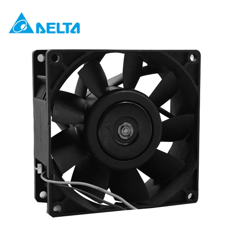Square black 90x90x38mm axial fan with nine blades and red-black wires