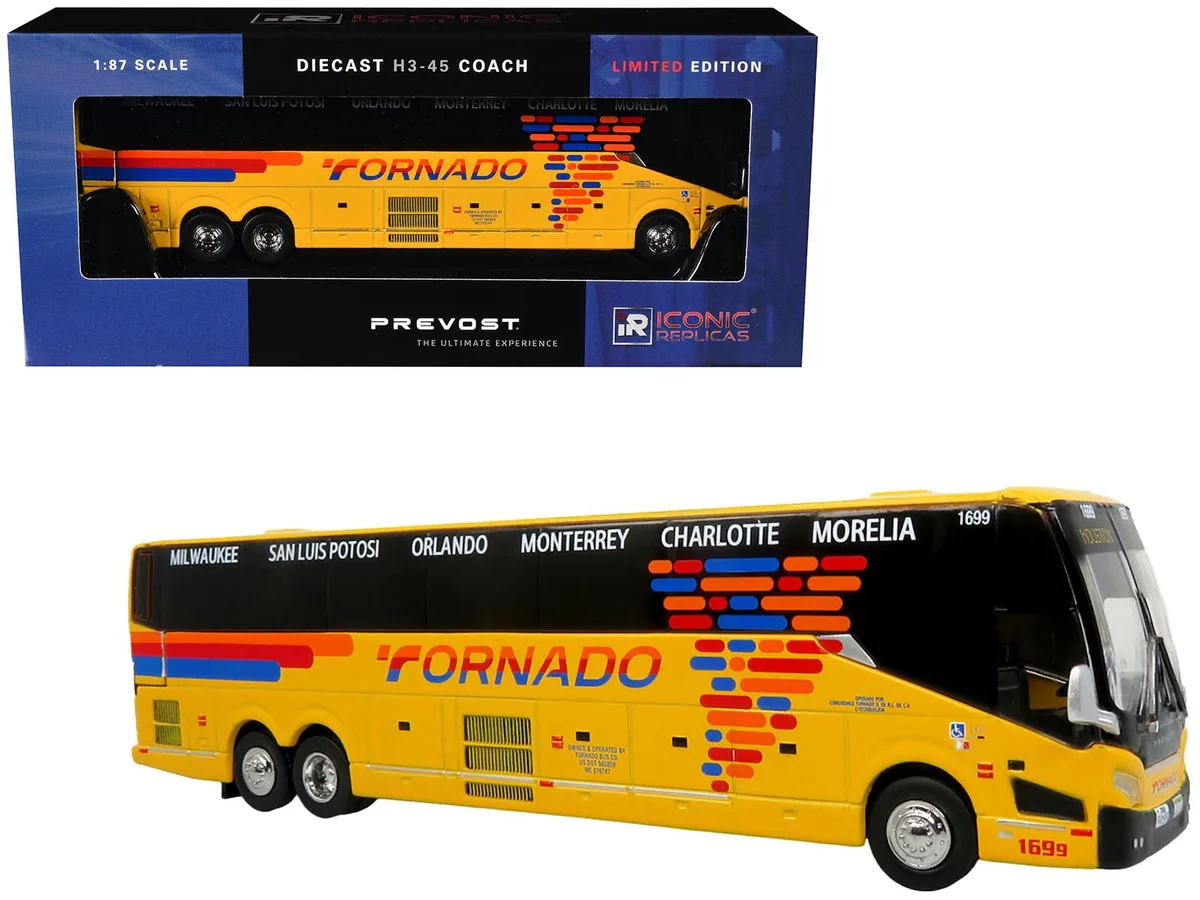 Iconic Replicas Iconic Replicas Prevost H3-45 Coach Bus "Tornado Bus Company" Yellow 1/87 HO Scale Diecast — product photo