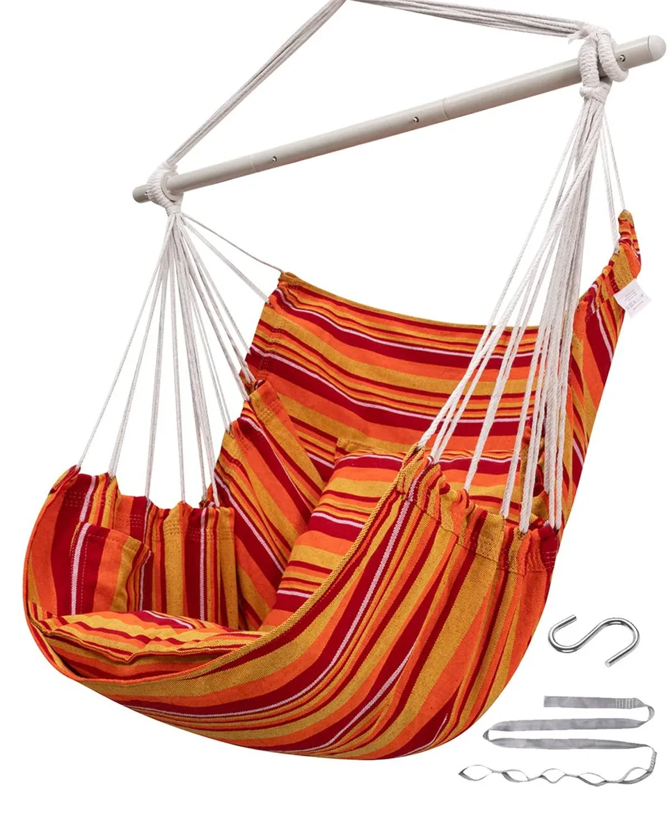 Red and yellow hammock chair with spreader bar and two cushions