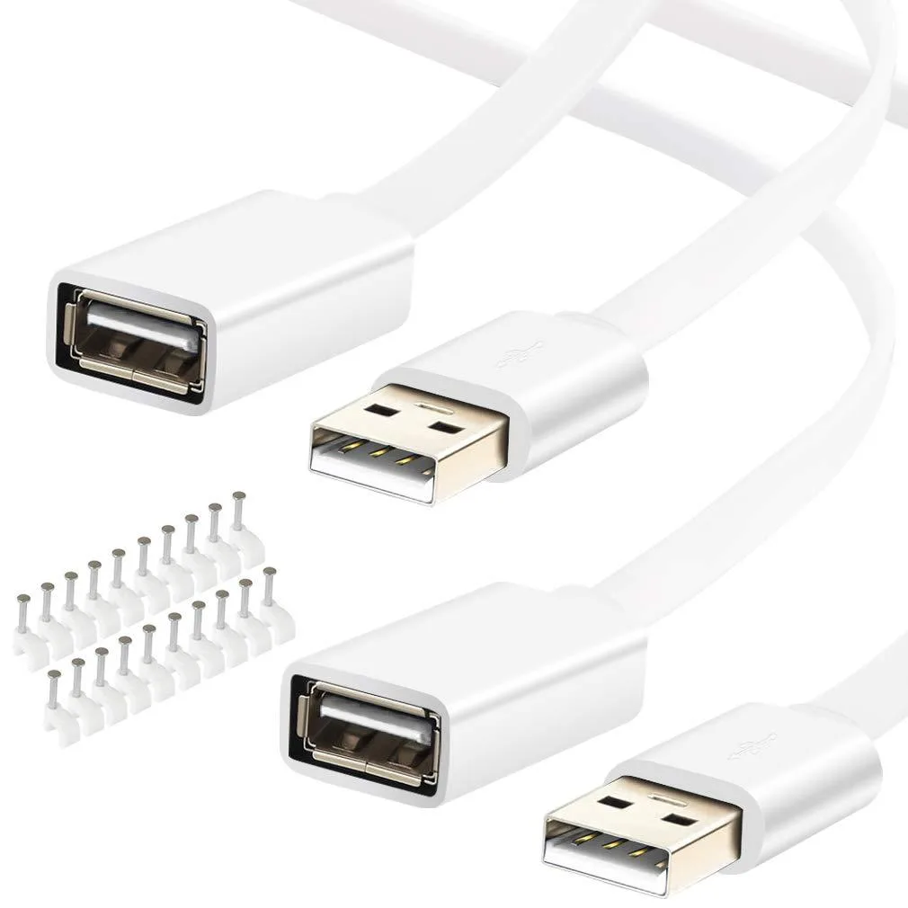 Two white flat USB A male to female extension cables coiled together