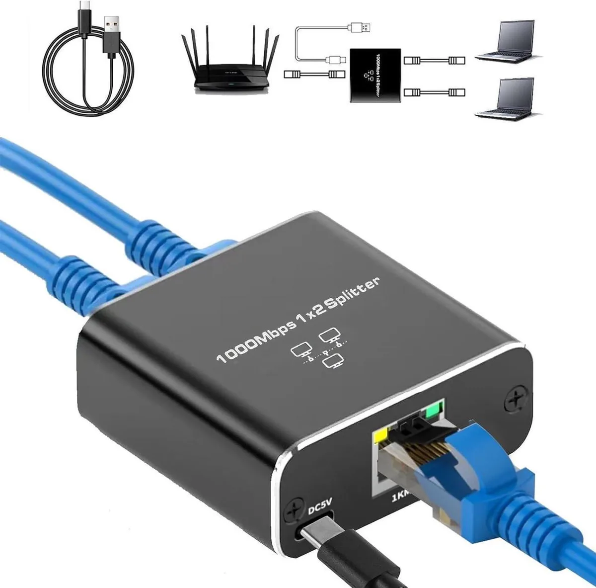 Vszerda Vszerda 1000Mbps Ethernet Splitter 1 to 2 with USB Power Cable — product photo