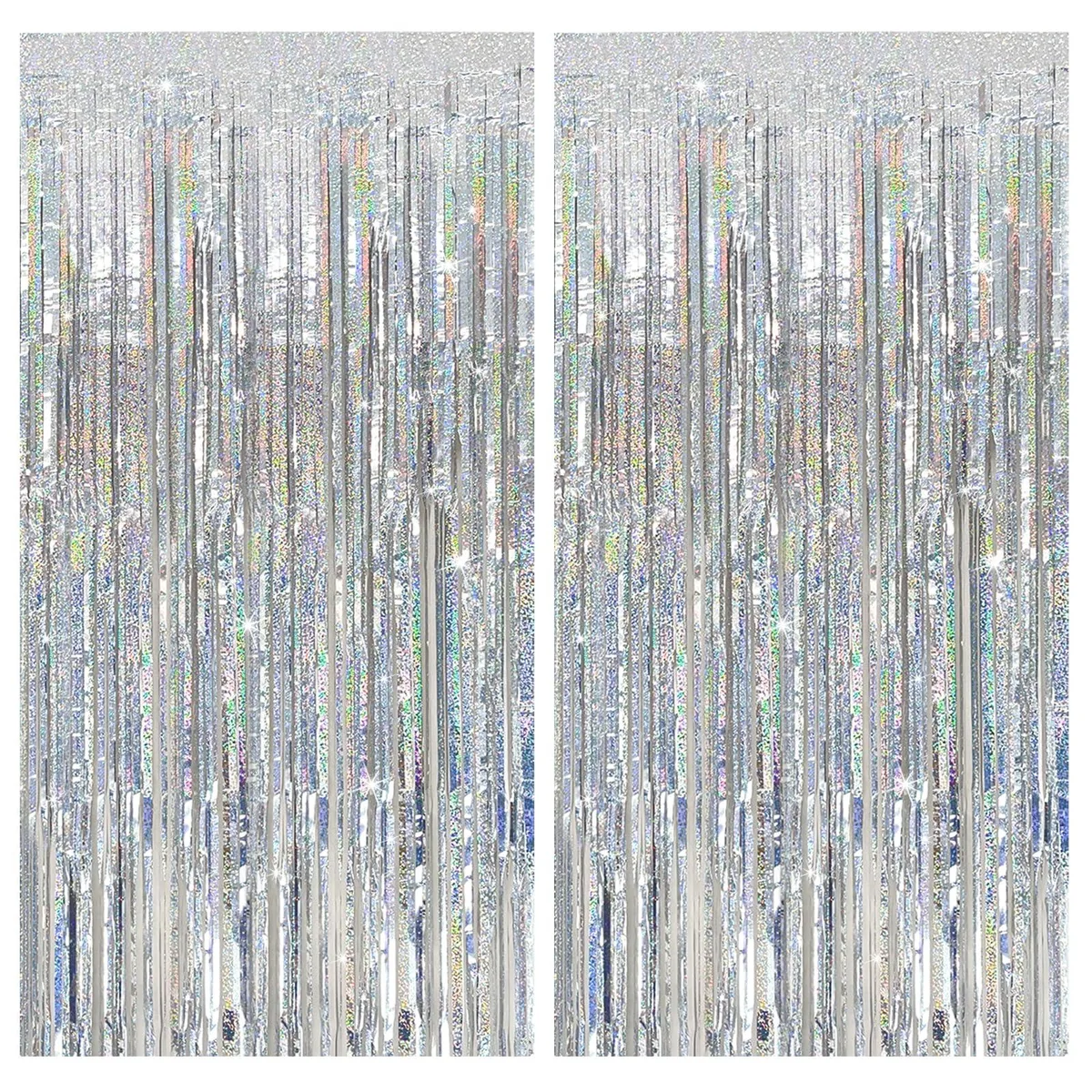 Two silver tinsel foil fringe curtains 3.28 ft by 6.56 ft each