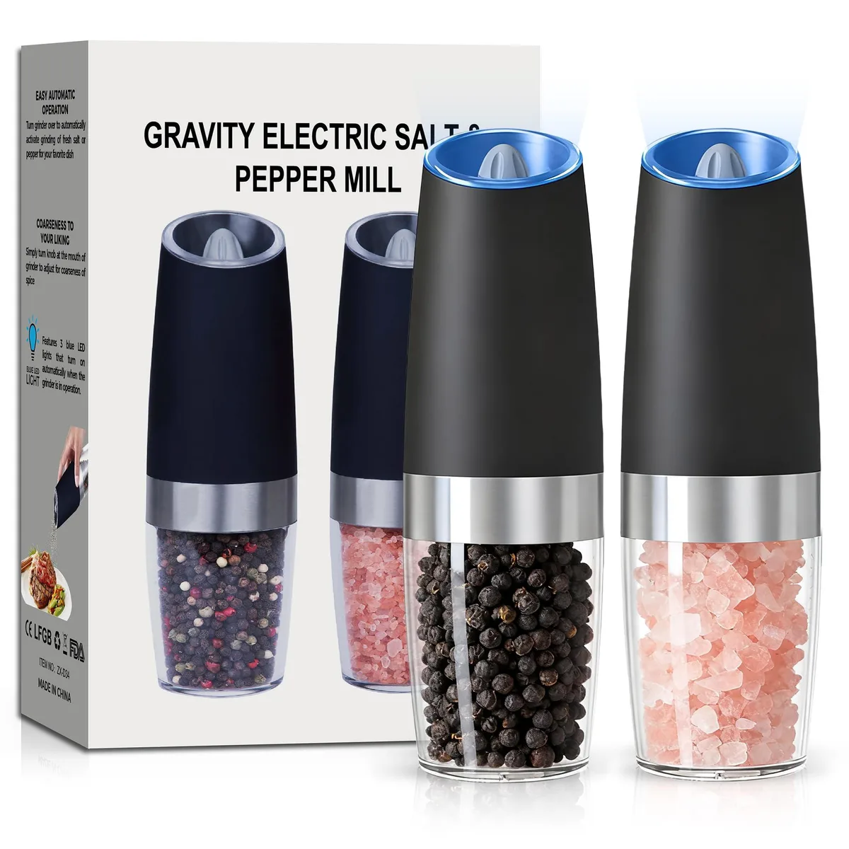  Iwatani UNNEES1-02 gravity electric salt and pepper grinder set of 2, 150 ml, silver — product photo
