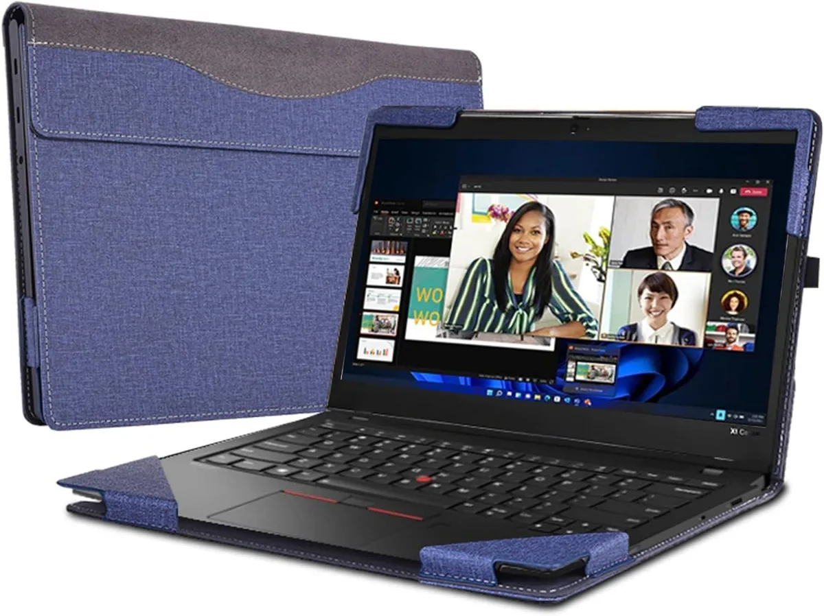 Blue hard-shell laptop case with PU leather finish and built-in pencil holder