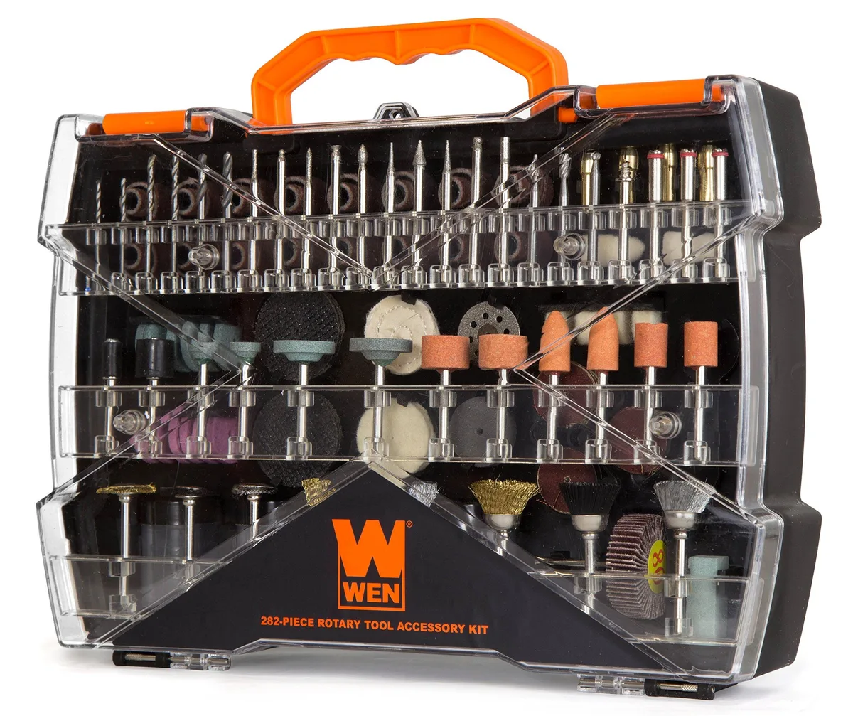 Plastic carrying case containing 282 chrome rotary tool accessories
