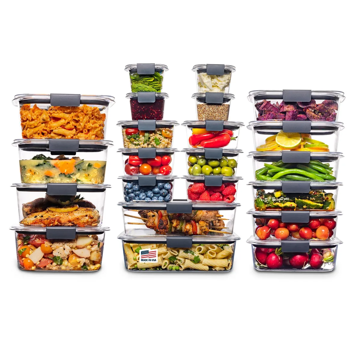 Clear rectangular plastic containers with matching lids, 44-piece set visible in open stack
