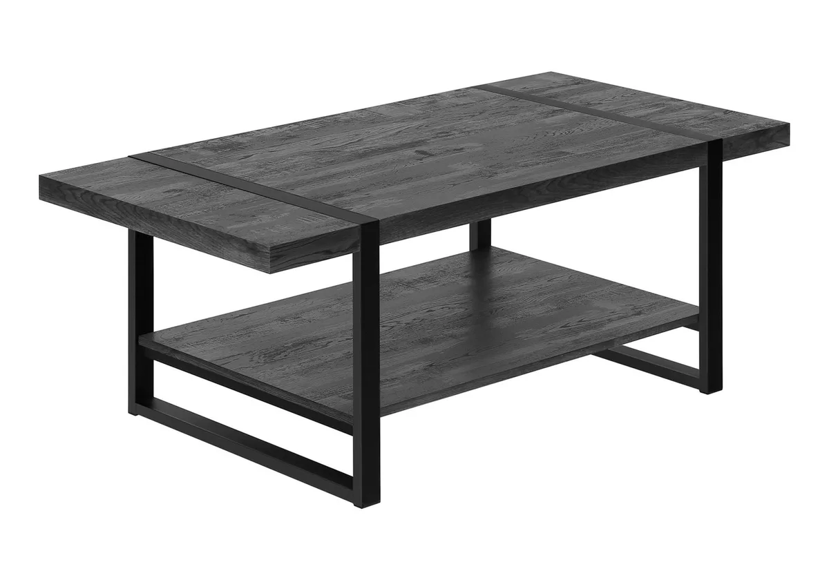 Rectangular black laminate coffee table with lower shelf and black metal legs