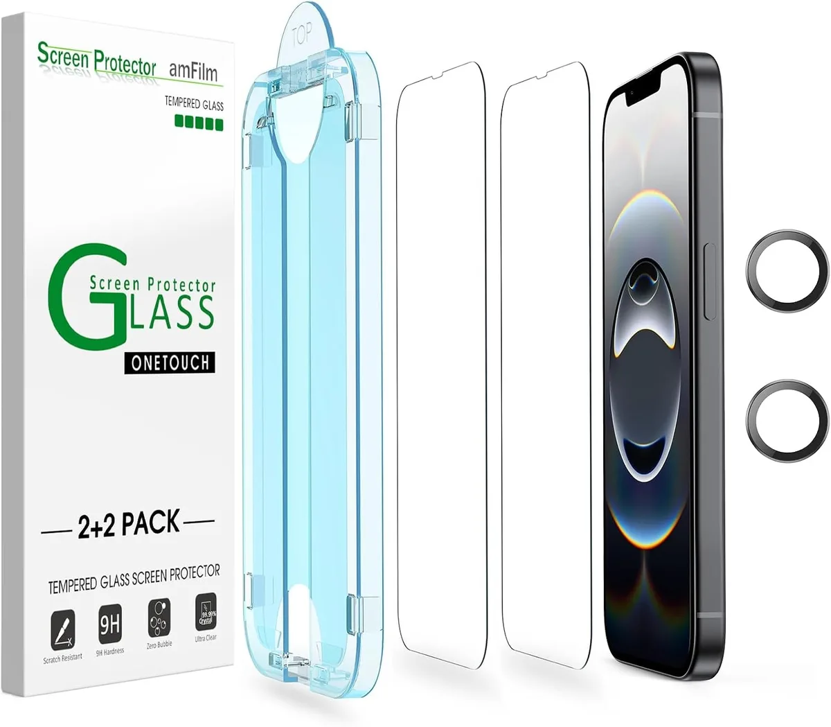 Clear tempered-glass screen and camera lens protectors in a 2+2 pack with auto-alignment tray