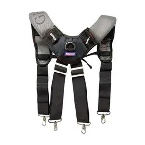 Black and gray polyester tool belt suspenders with a cell phone pocket, hook-and-loop closure, and shock-absorbing straps