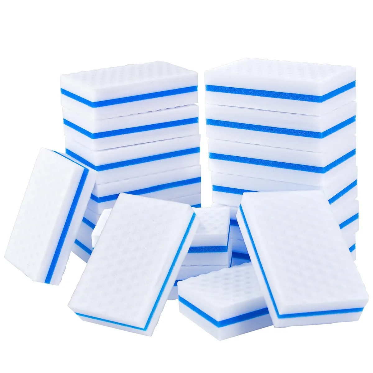 White and blue rectangular melamine sponges, 20 pack, 10 by 6 by 2.5 cm