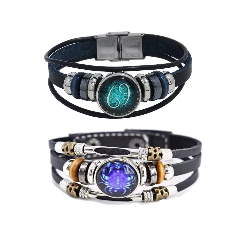 Two layered leather Cancer zodiac bracelets adjustable 21cm and 21.7cm