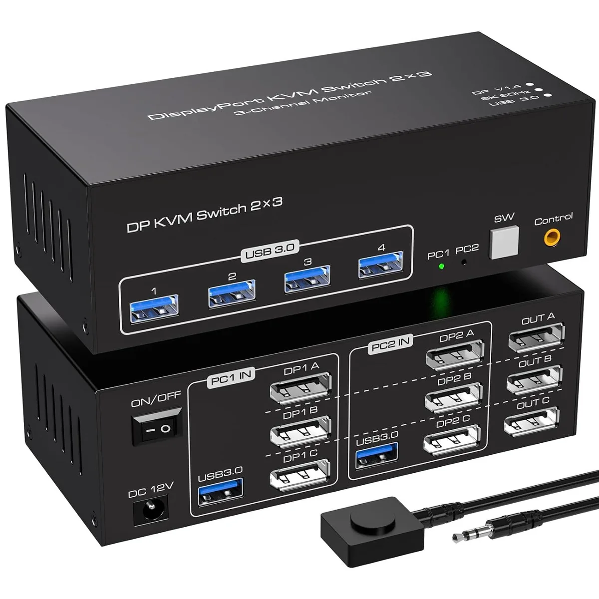 ESTONE ESTONE SW233-3DP 3-Port DisplayPort KVM Switch 8K 60Hz 2 PC 3 Monitors 4 USB 3.0 — product photo