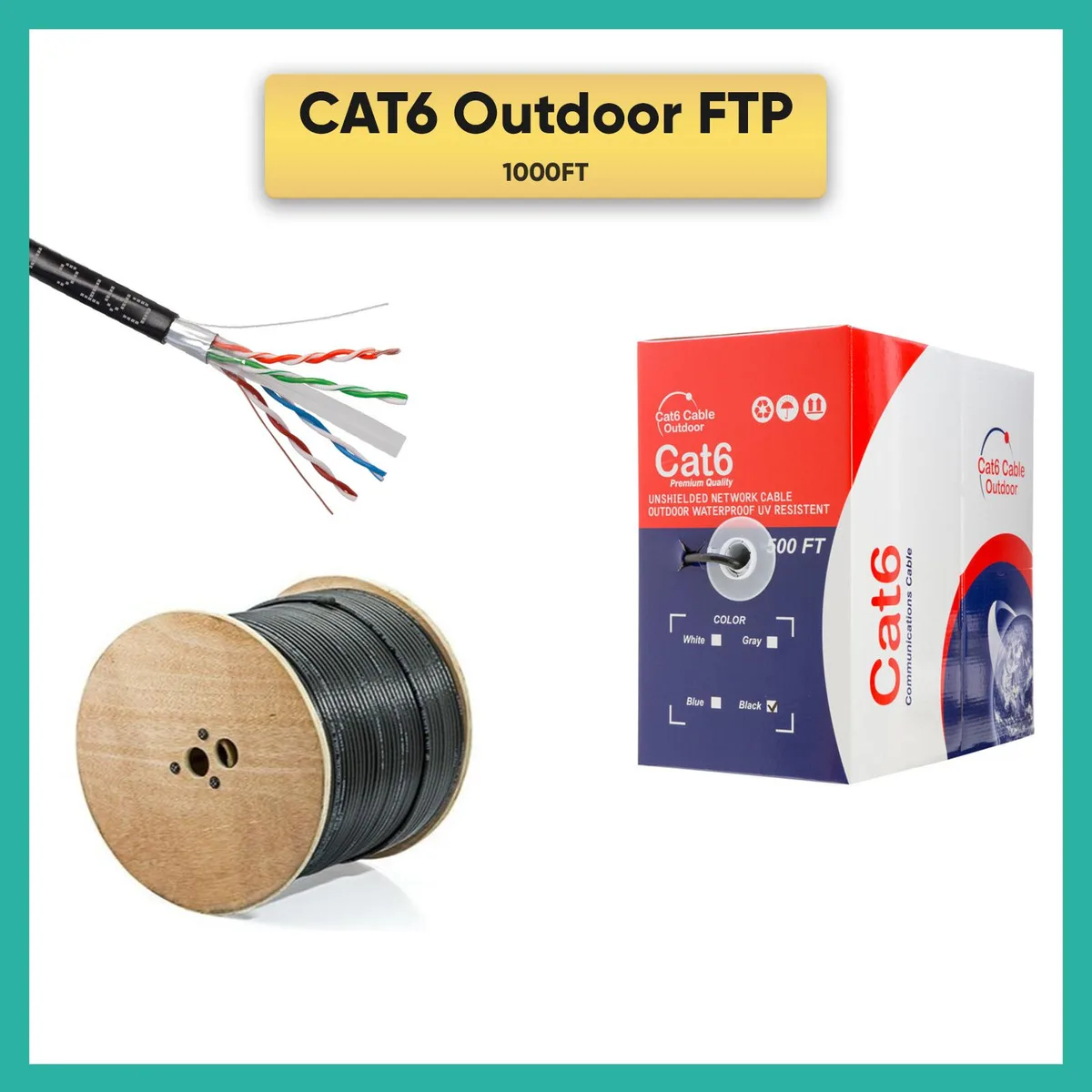 Black outdoor Ethernet cable on a spool, 23 AWG CCA conductors, waterproof UV resistant jacket