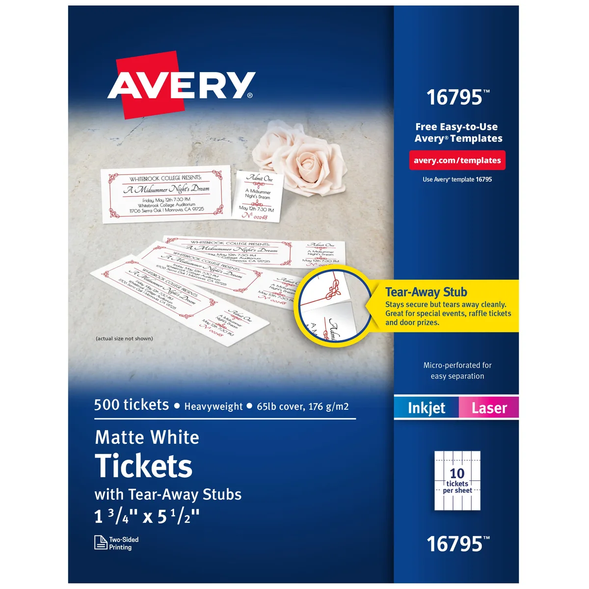 Avery Avery 16795 Printable Tickets with Tear-Away Stubs 1.75" x 5.5" 500 Pack — product photo